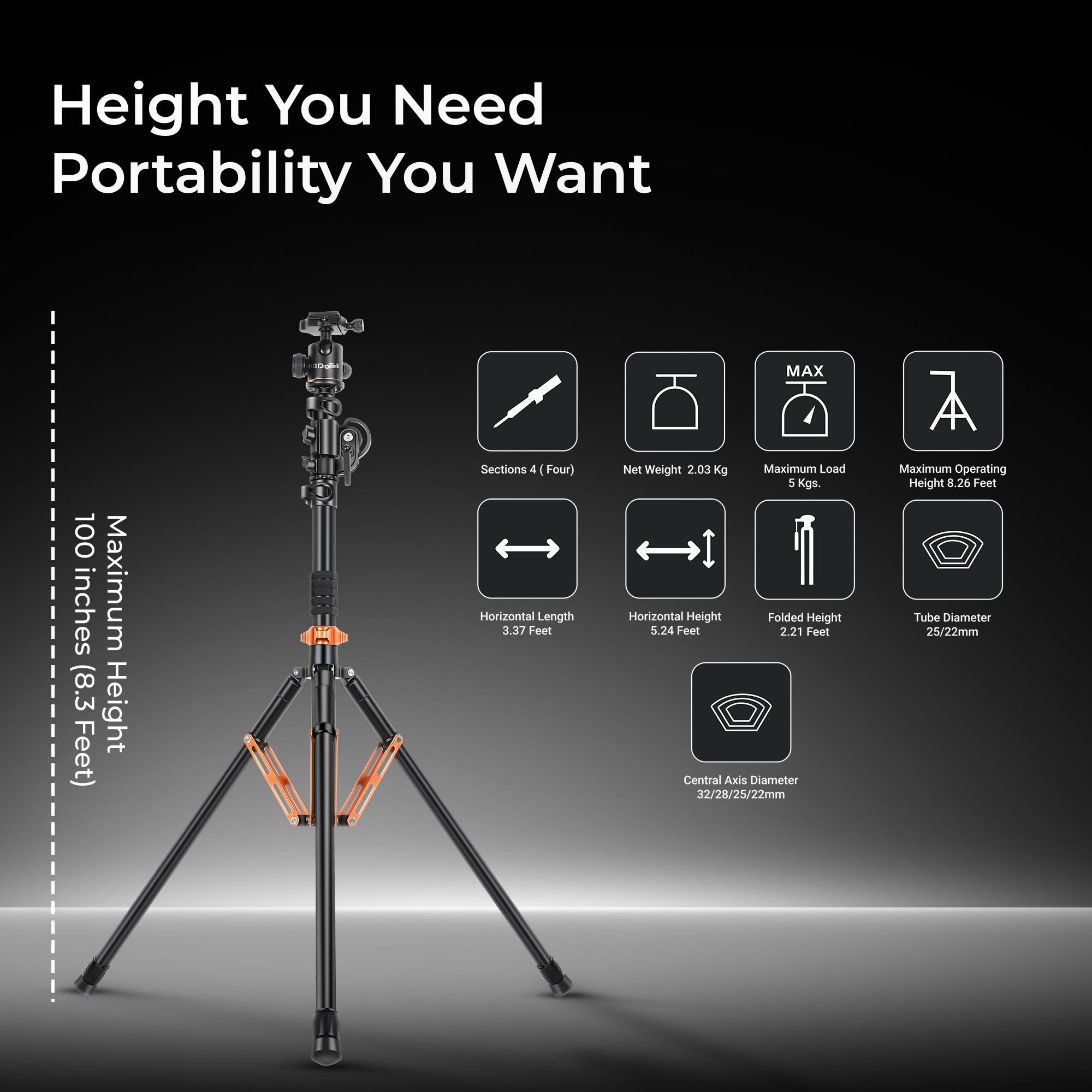 Digitek (DTR 830BH) 8.26ft Light Stand cum Tripod