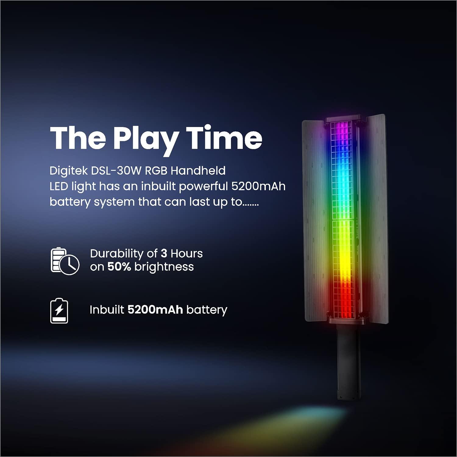 Digitek (DSL-30W RGB) Portable Handheld RGB LED Light Wand with Grid, Diffuser & Barn Door Comes with a 5200mAh Built in Battery Pack. - Digitek